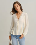 Avery Women's Blouse | Lace Lantern Sleeve, V-Neck, Long Sleeve Top