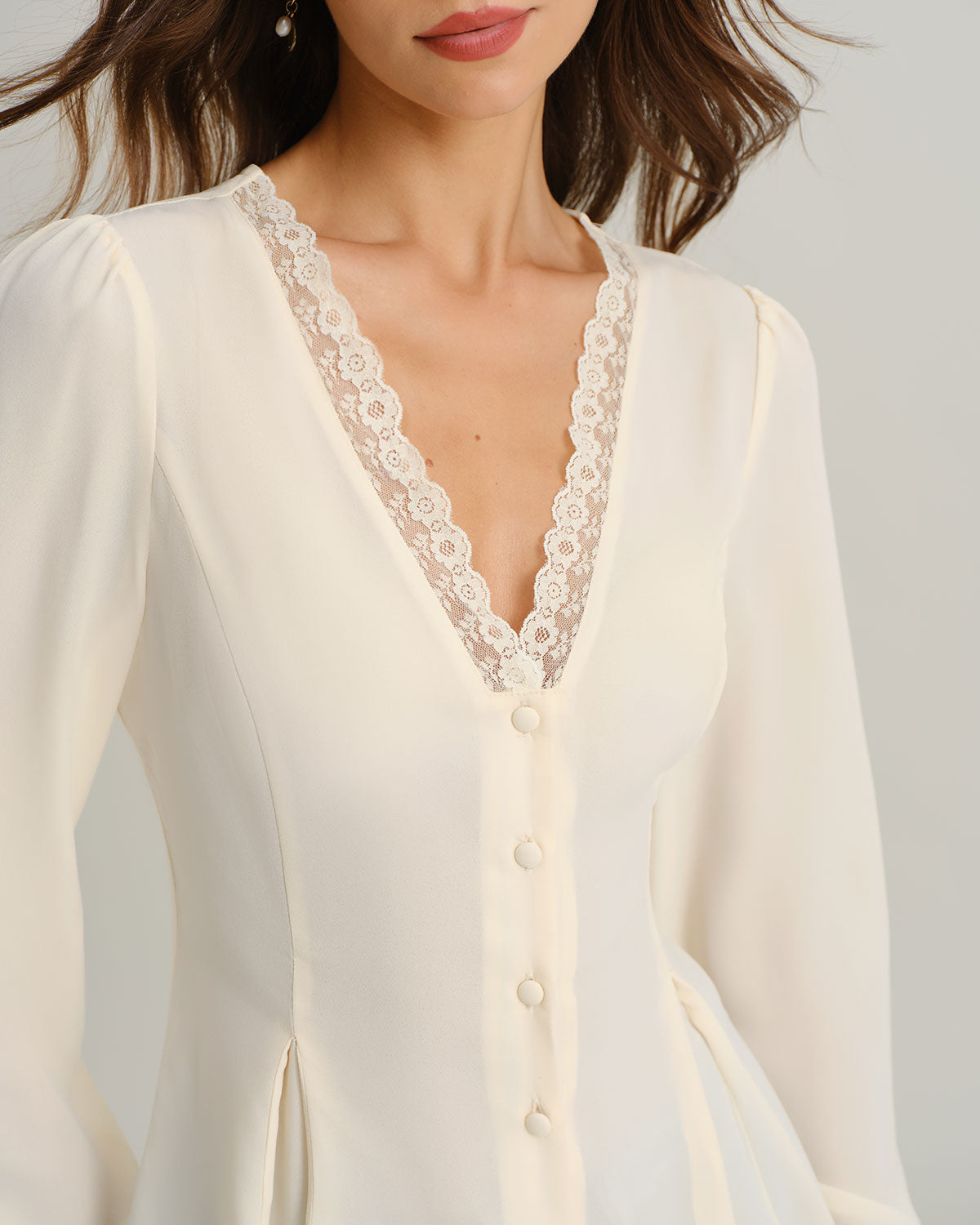 Avery Women's Blouse | Lace Lantern Sleeve, V-Neck, Long Sleeve Top