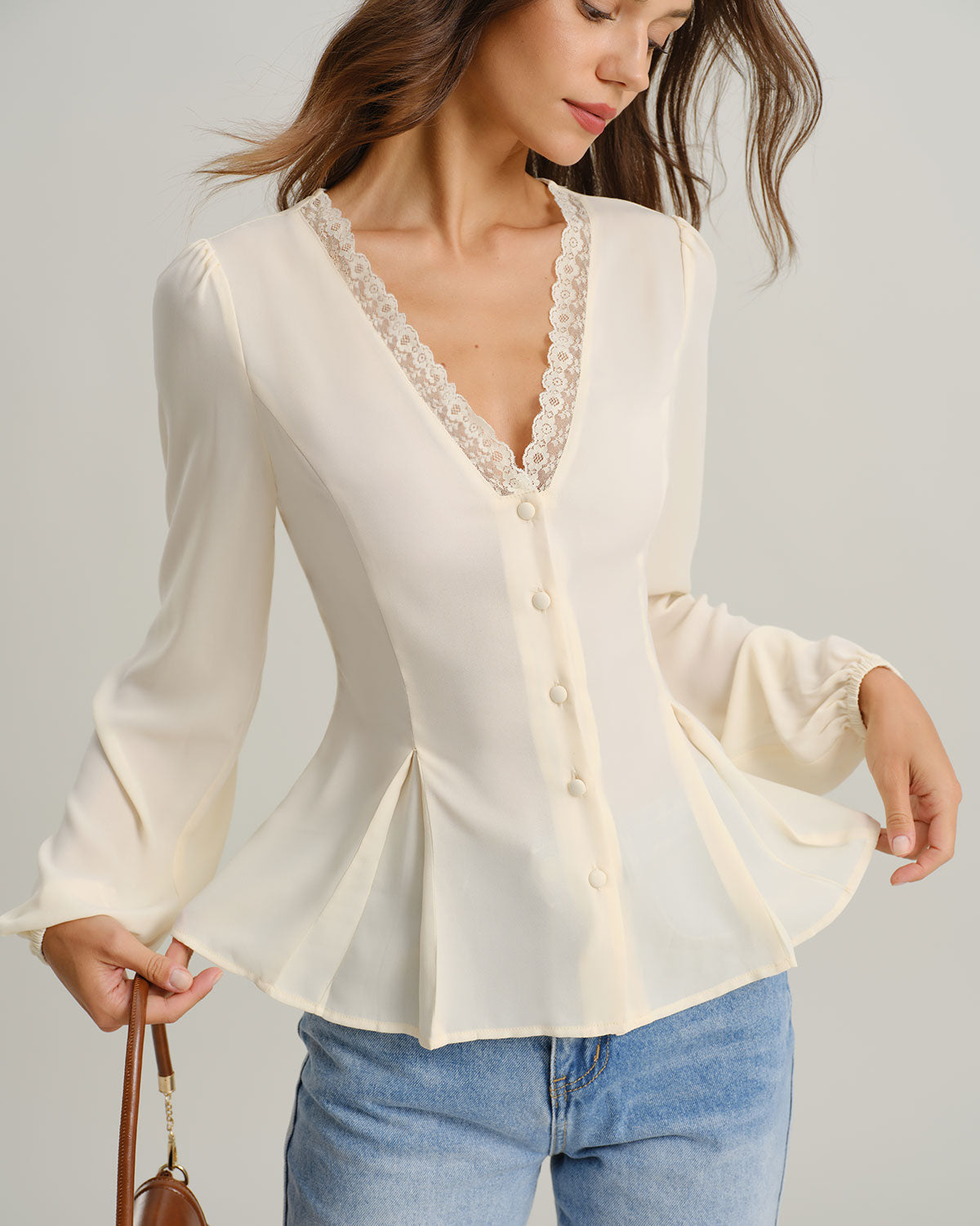 Avery Women's Blouse | Lace Lantern Sleeve, V-Neck, Long Sleeve Top