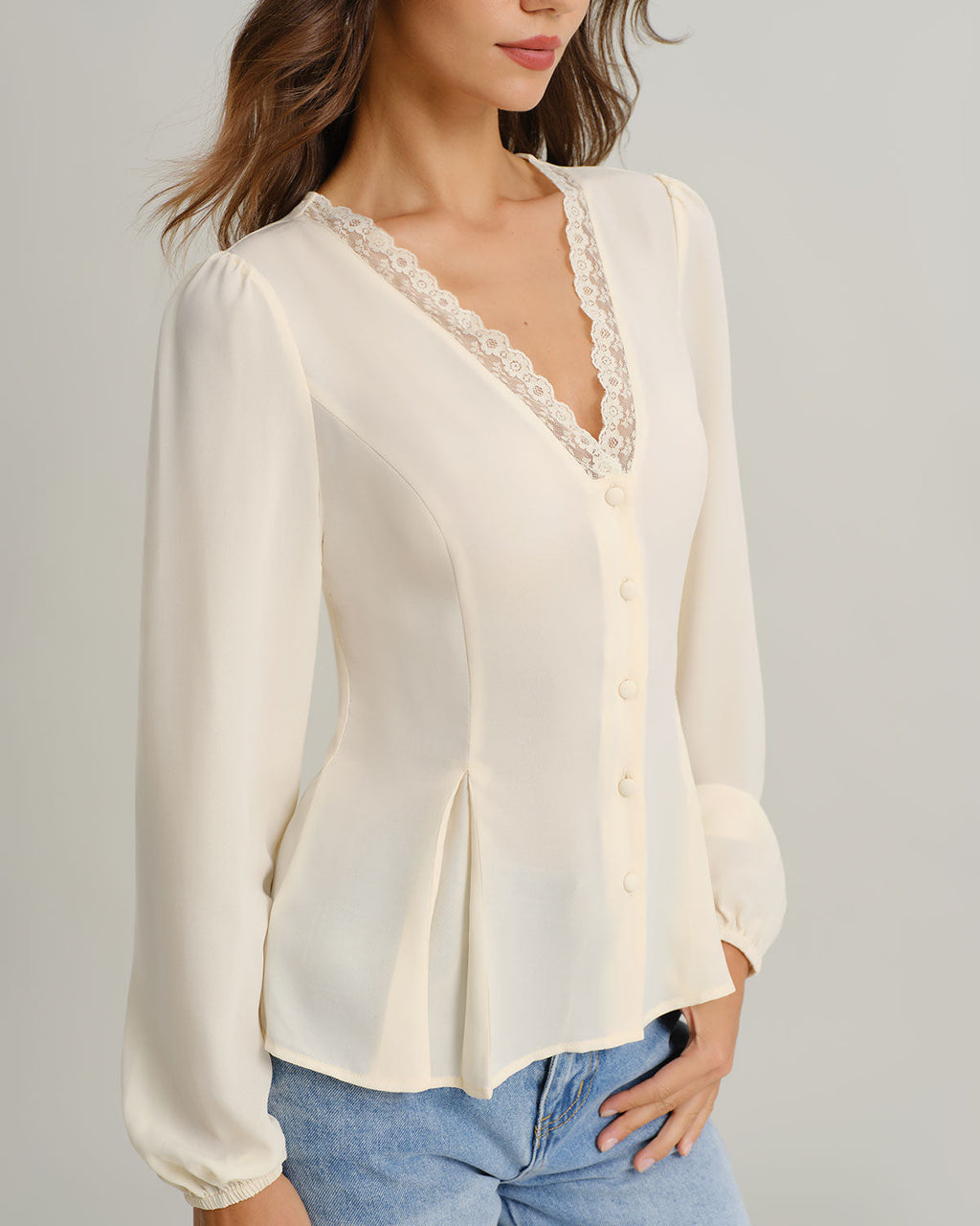 Avery Women's Blouse | Lace Lantern Sleeve, V-Neck, Long Sleeve Top