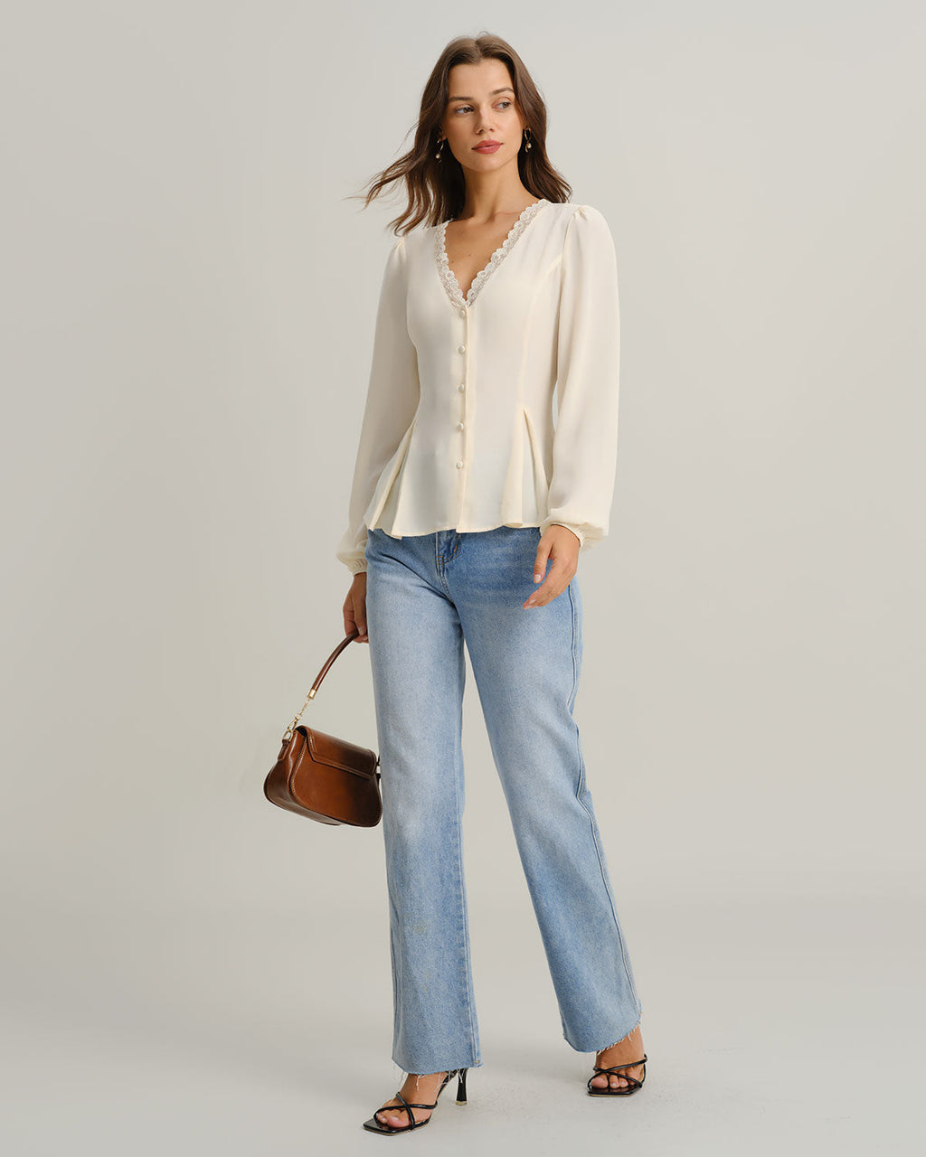 Avery Women's Blouse | Lace Lantern Sleeve, V-Neck, Long Sleeve Top