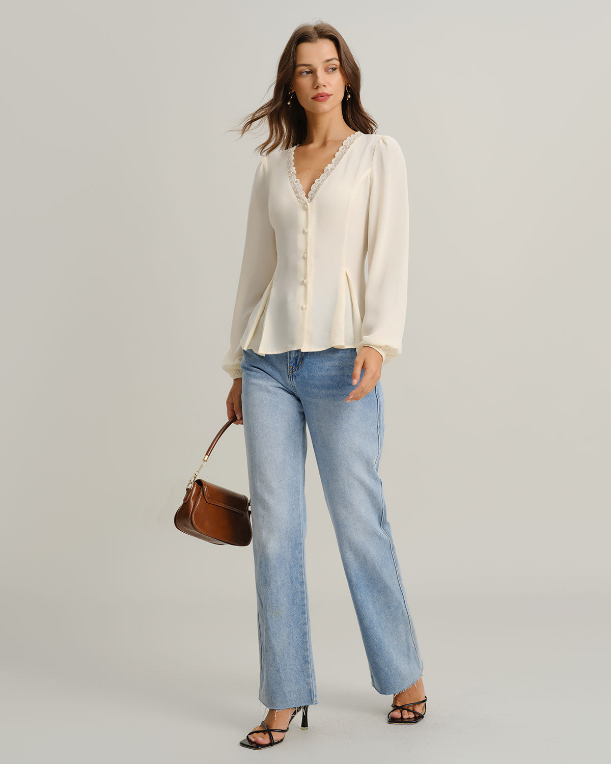 Avery Women's Blouse | Lace Lantern Sleeve, V-Neck, Long Sleeve Top