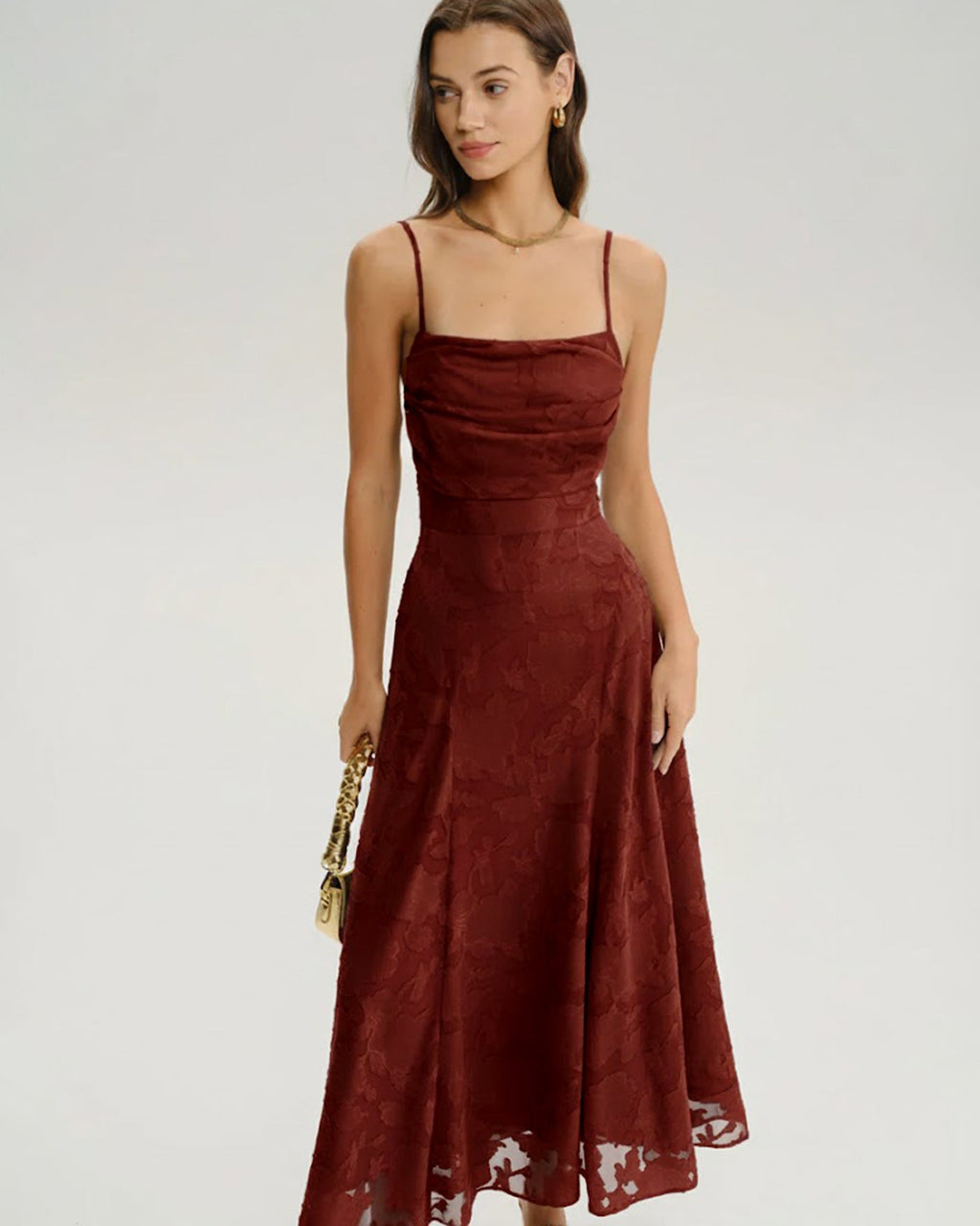 Bela Women's Maxi Dress | Floral Jacquard, Square Neck, A-Line