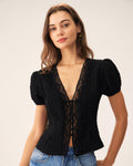 Bella Women's Blouse | Jacquard Puff Sleeve Top, Vintage Lace Trim
