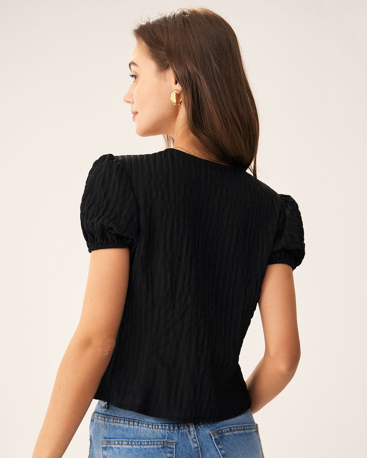Bella Women's Blouse | Jacquard Puff Sleeve Top, Vintage Lace Trim