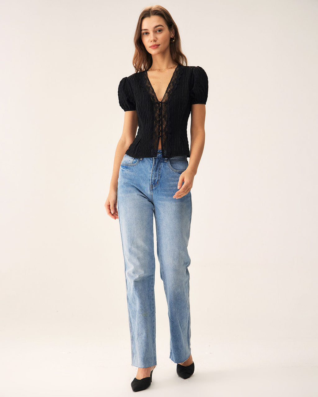 Bella Women's Blouse | Jacquard Puff Sleeve Top, Vintage Lace Trim