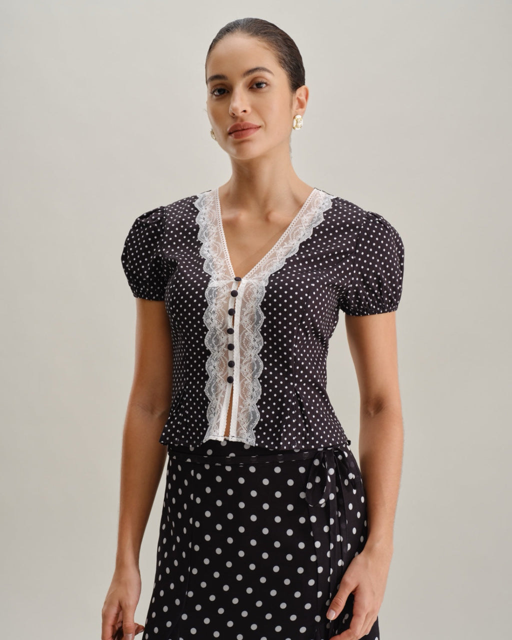 Bella Women's Blouse | Polka Dot with Lace Trim, Puff Sleeve Top