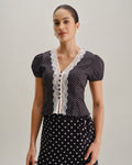 Bella Women's Blouse | Polka Dot with Lace Trim, Puff Sleeve Top