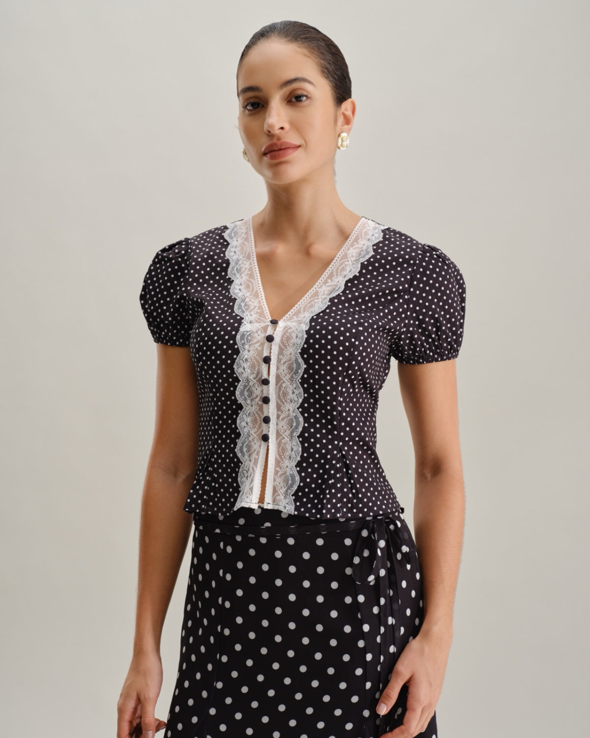Bella Women's Blouse | Polka Dot with Lace Trim, Puff Sleeve Top