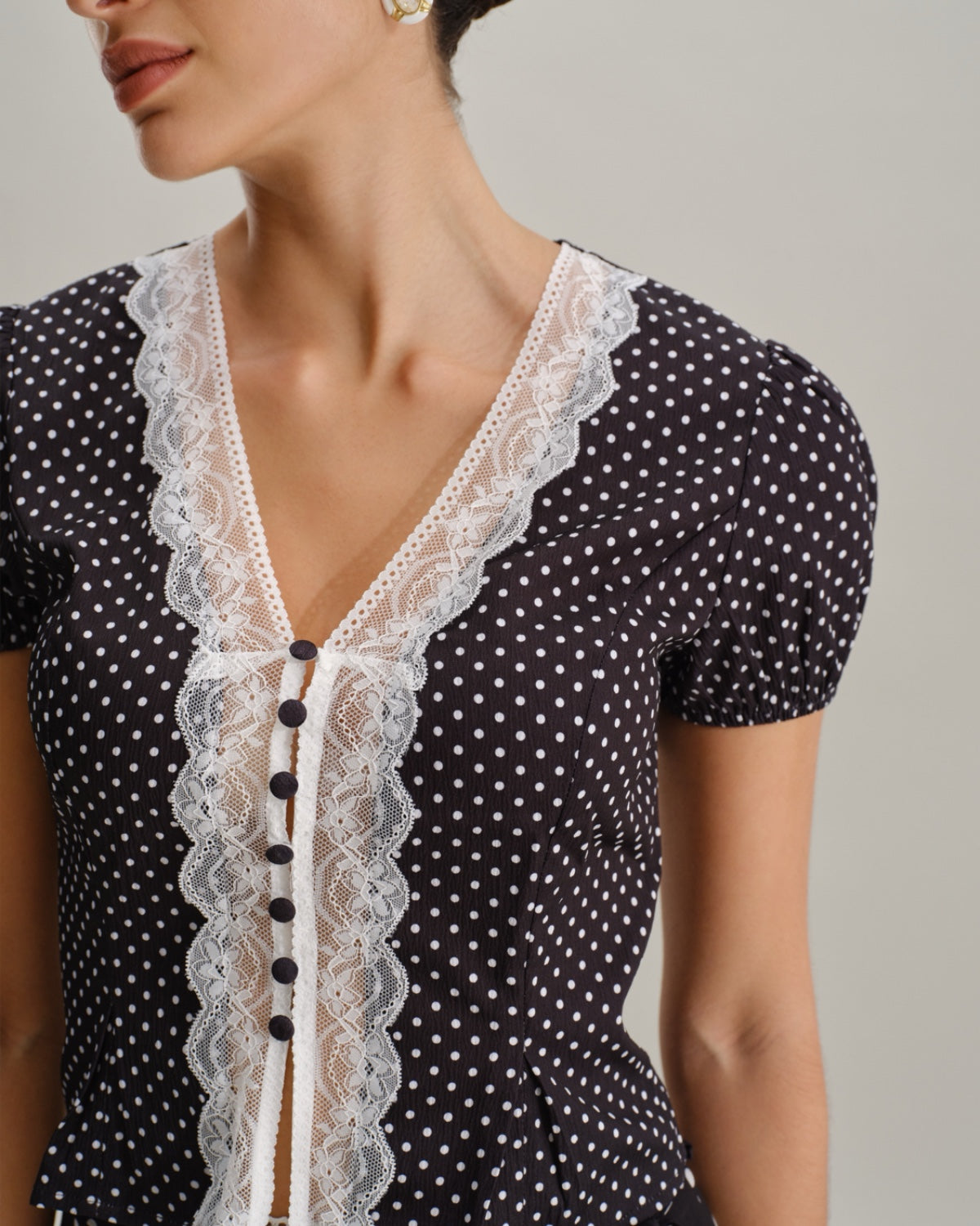 Bella Women's Blouse | Polka Dot with Lace Trim, Puff Sleeve Top