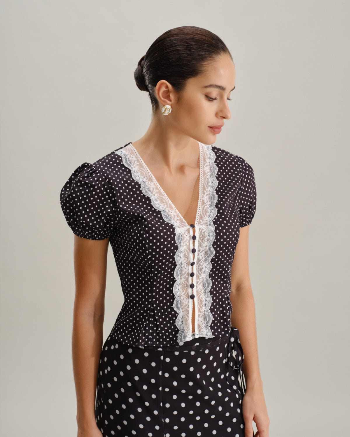 Bella Women's Blouse | Polka Dot with Lace Trim, Puff Sleeve Top
