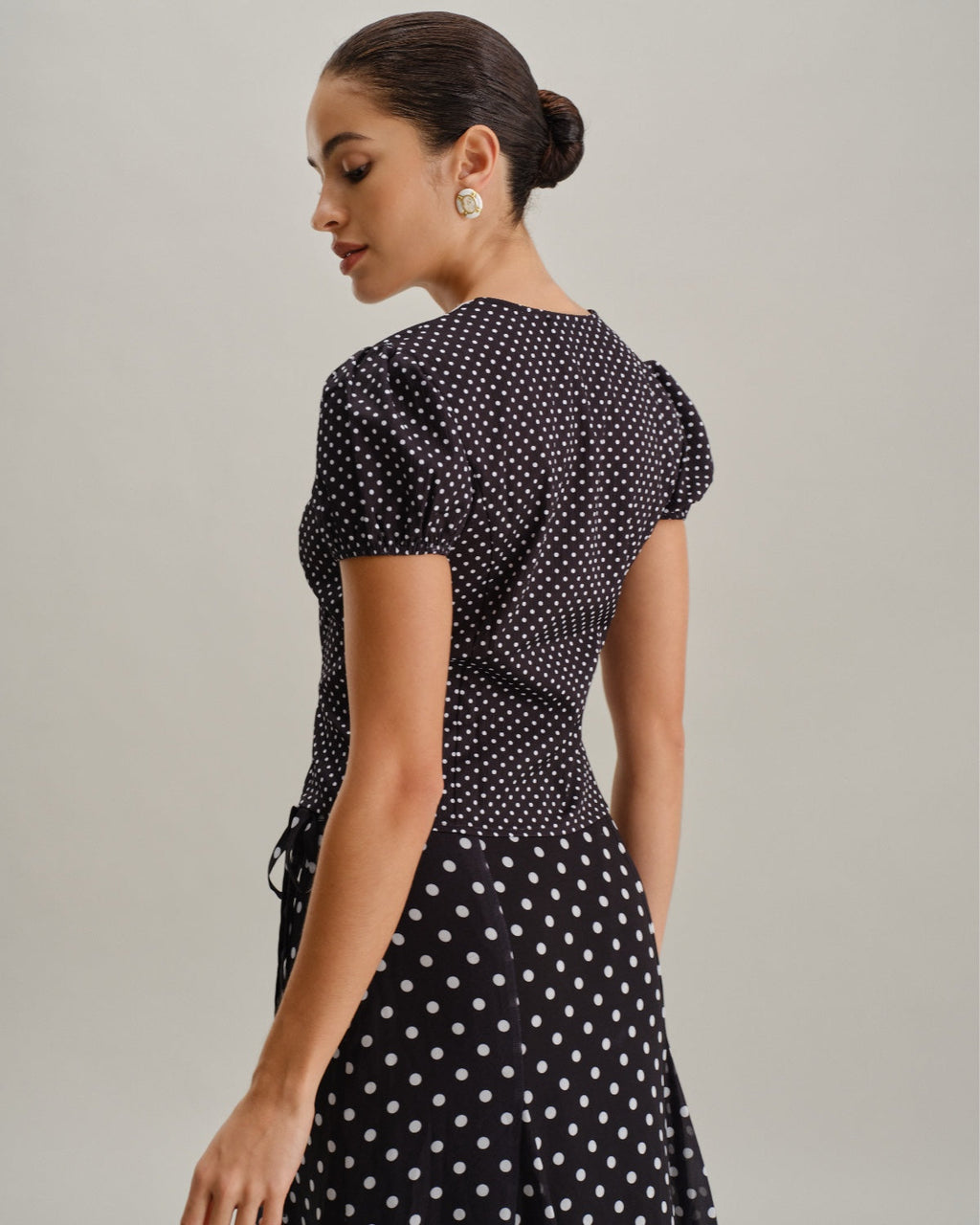 Bella Women's Blouse | Polka Dot with Lace Trim, Puff Sleeve Top
