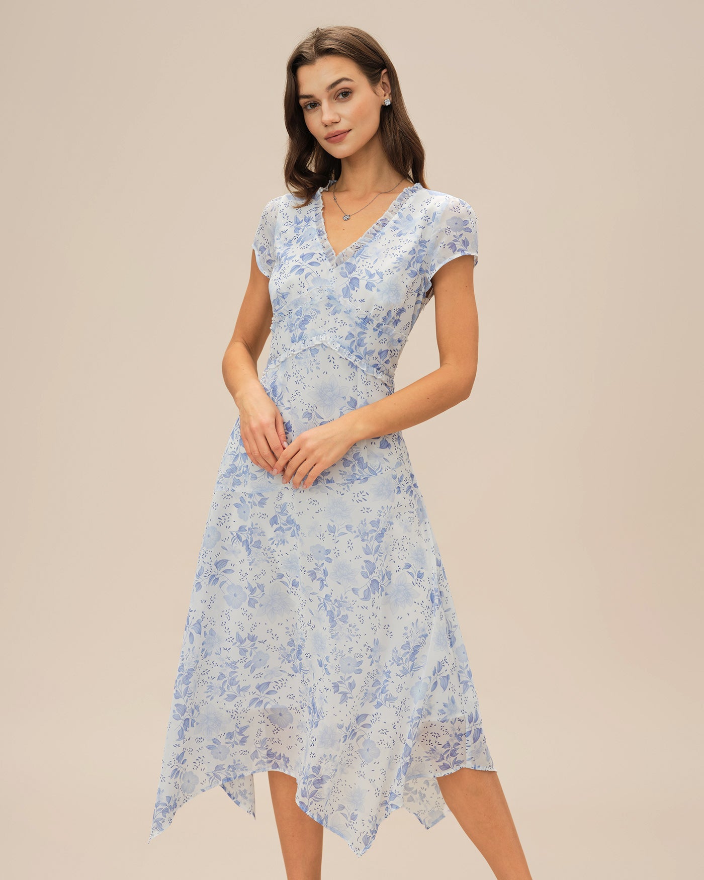 Bella Women's Midi Dress | Floral Chiffon, V-Neck