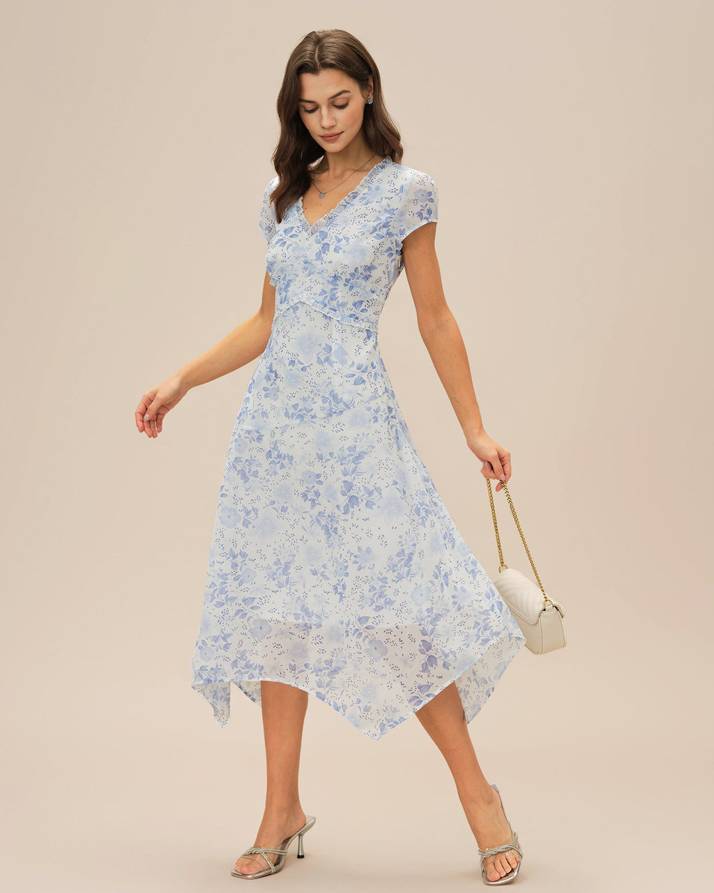 Bella Women's Midi Dress | Floral Chiffon, V-Neck