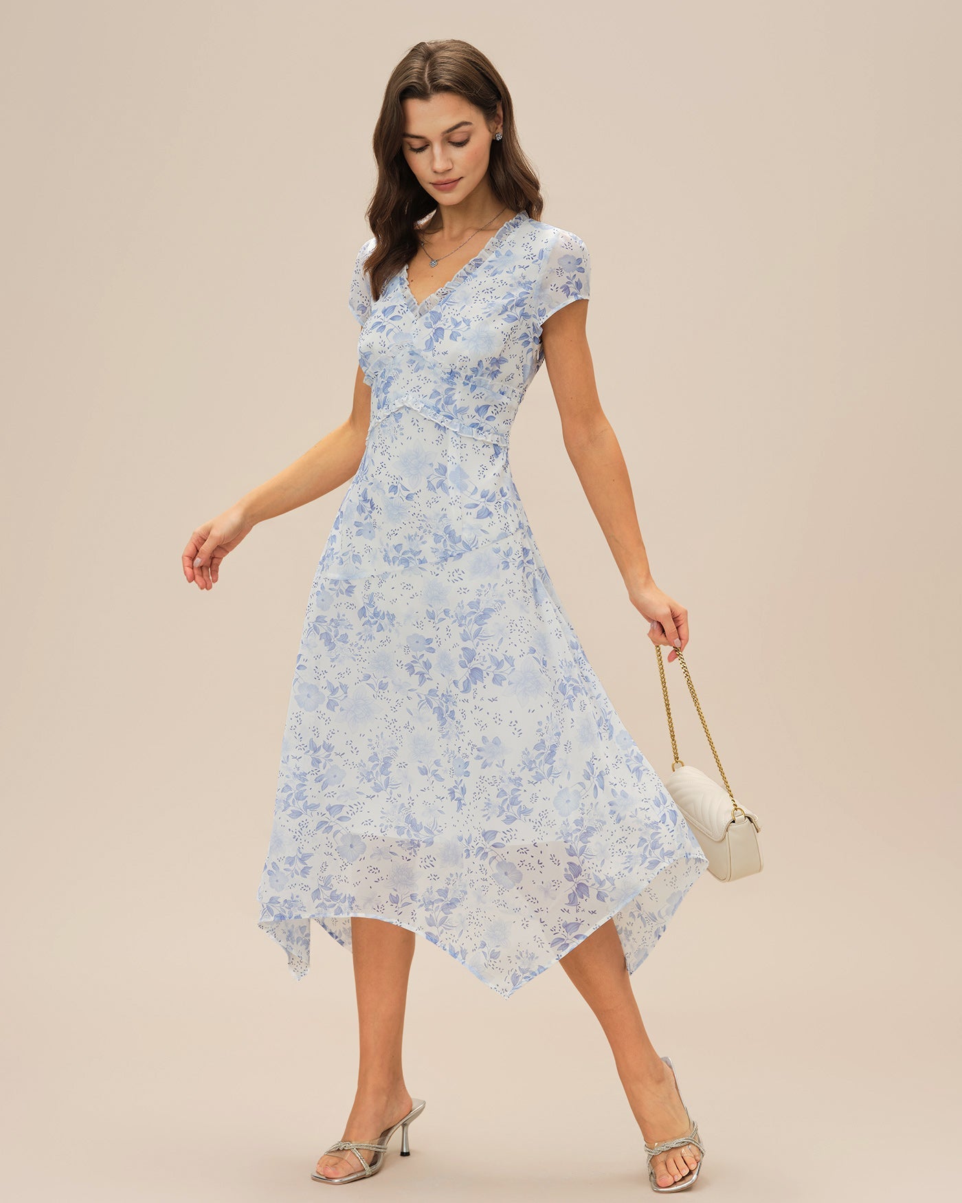 Bella Women's Midi Dress | Floral Chiffon, V-Neck
