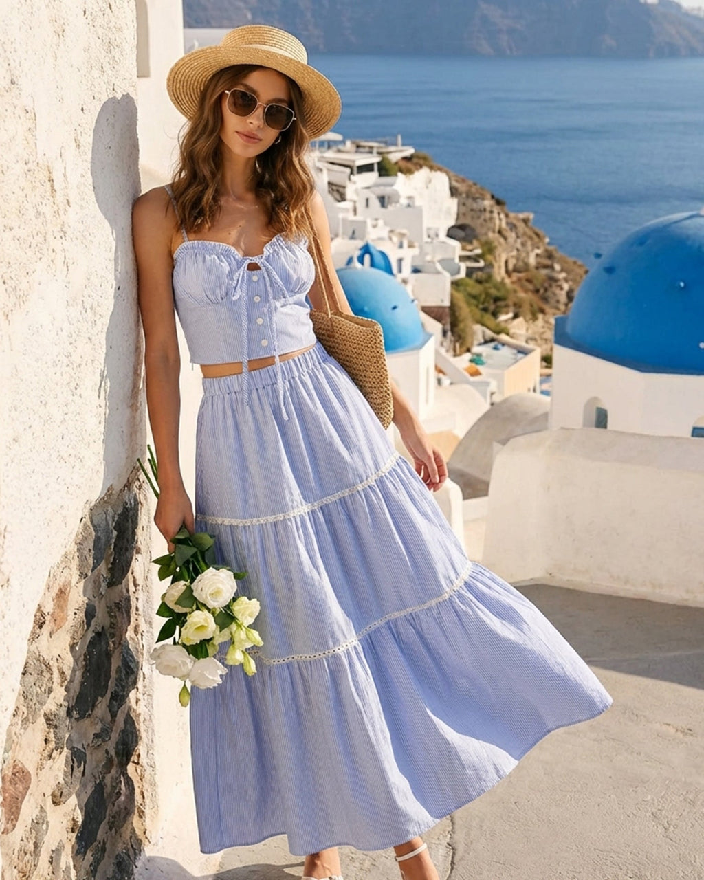 Bella Women's Midi Skirt | Cotton Blend, Striped A-Line with Lace Embellishments