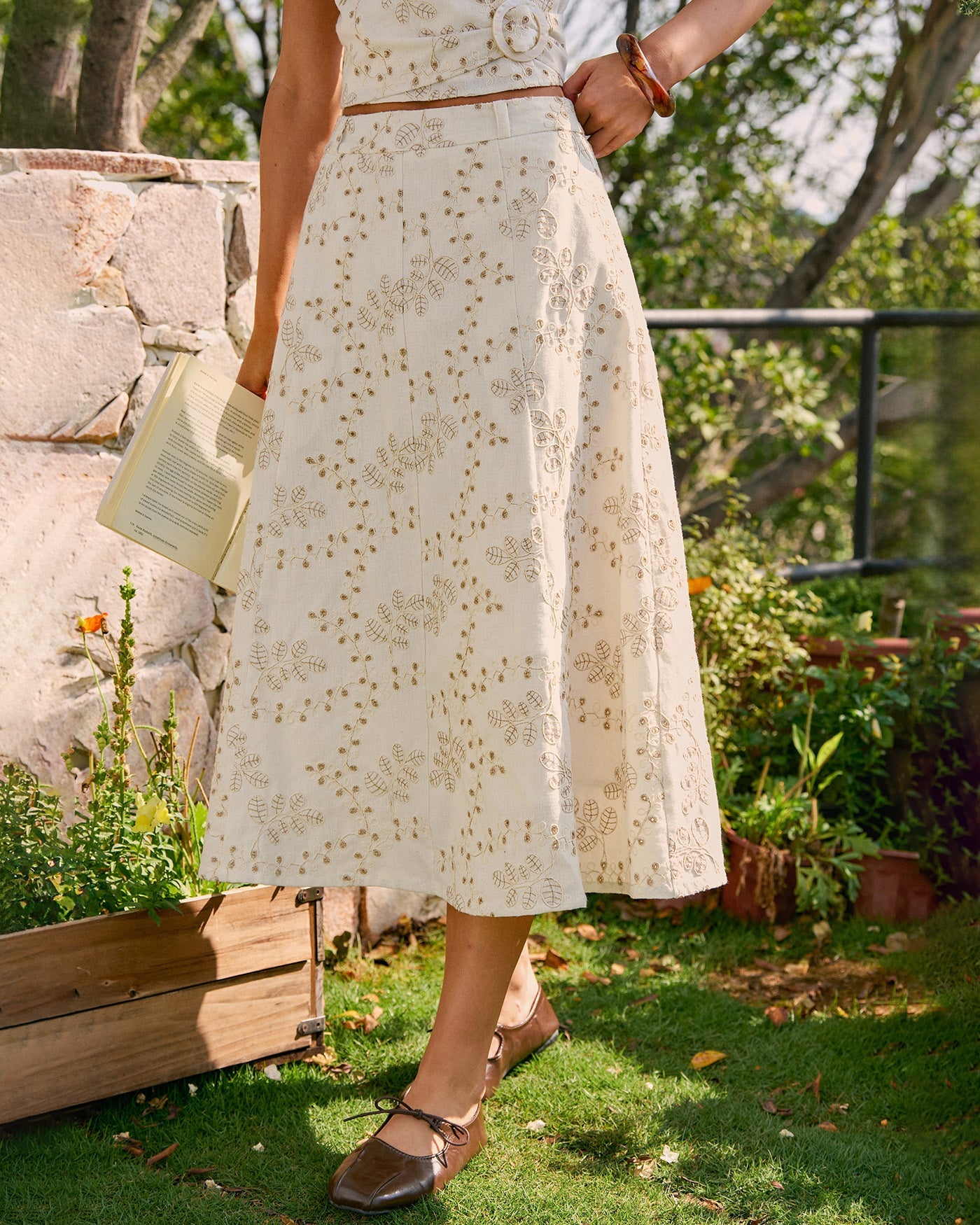 Bella Women's Midi Skirt | Embroidered Cotton Blend, A-Line with Pockets