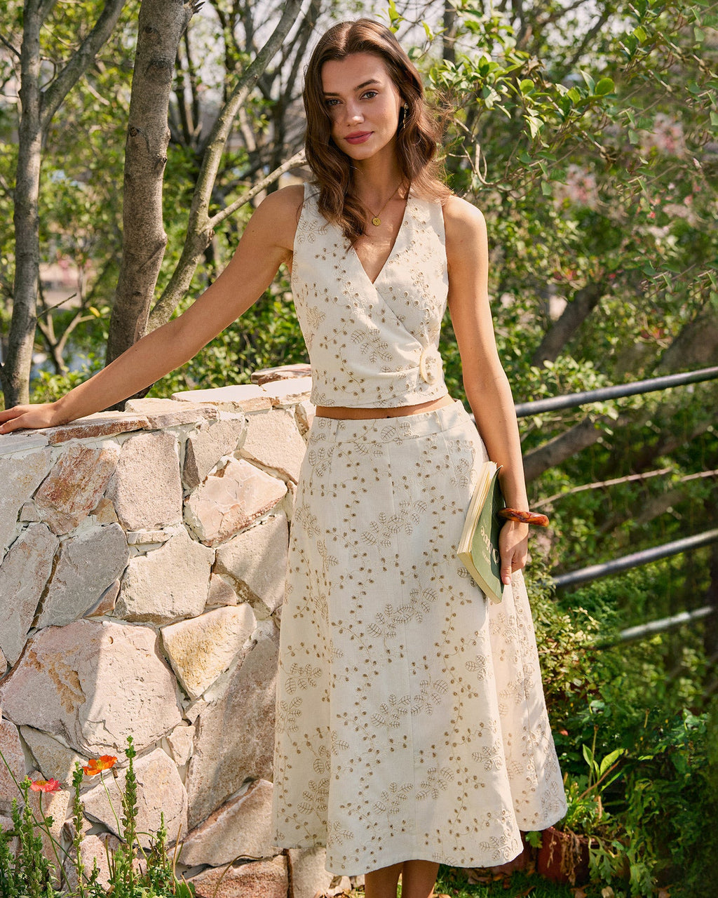 Bella Women's Midi Skirt | Embroidered Cotton Blend, A-Line with Pockets
