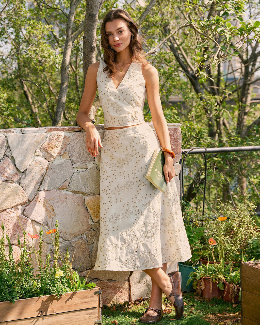 Bella Women's Midi Skirt | Embroidered Cotton Blend, A-Line with Pockets