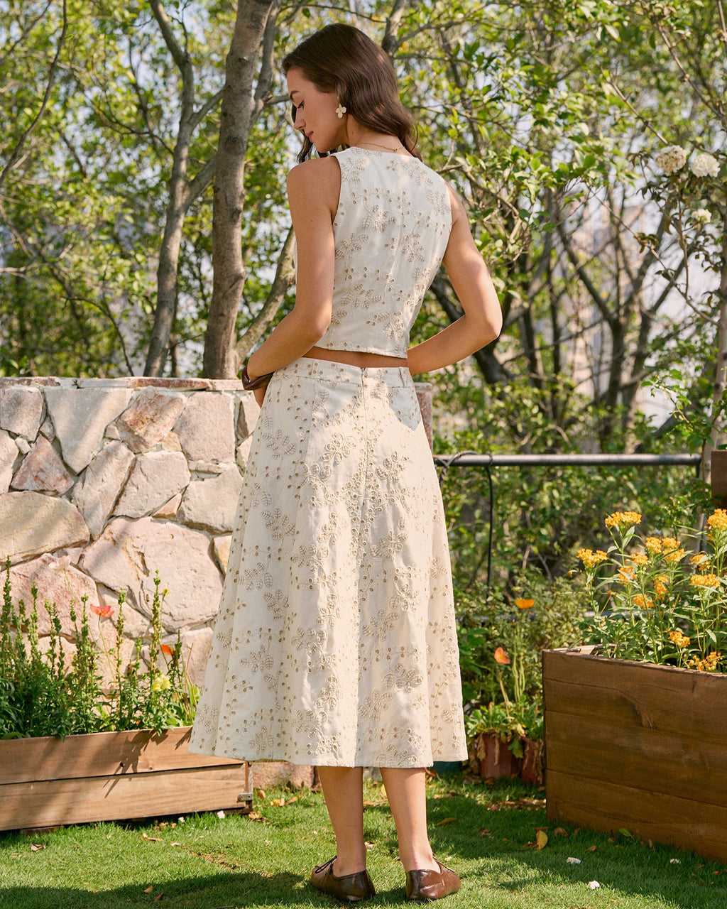 Bella Women's Midi Skirt | Embroidered Cotton Blend, A-Line with Pockets