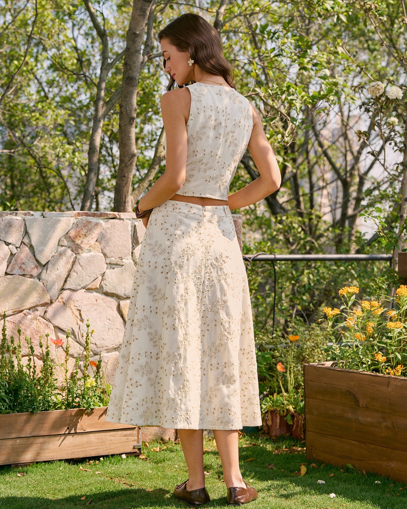 Bella Women's Midi Skirt | Embroidered Cotton Blend, A-Line with Pockets