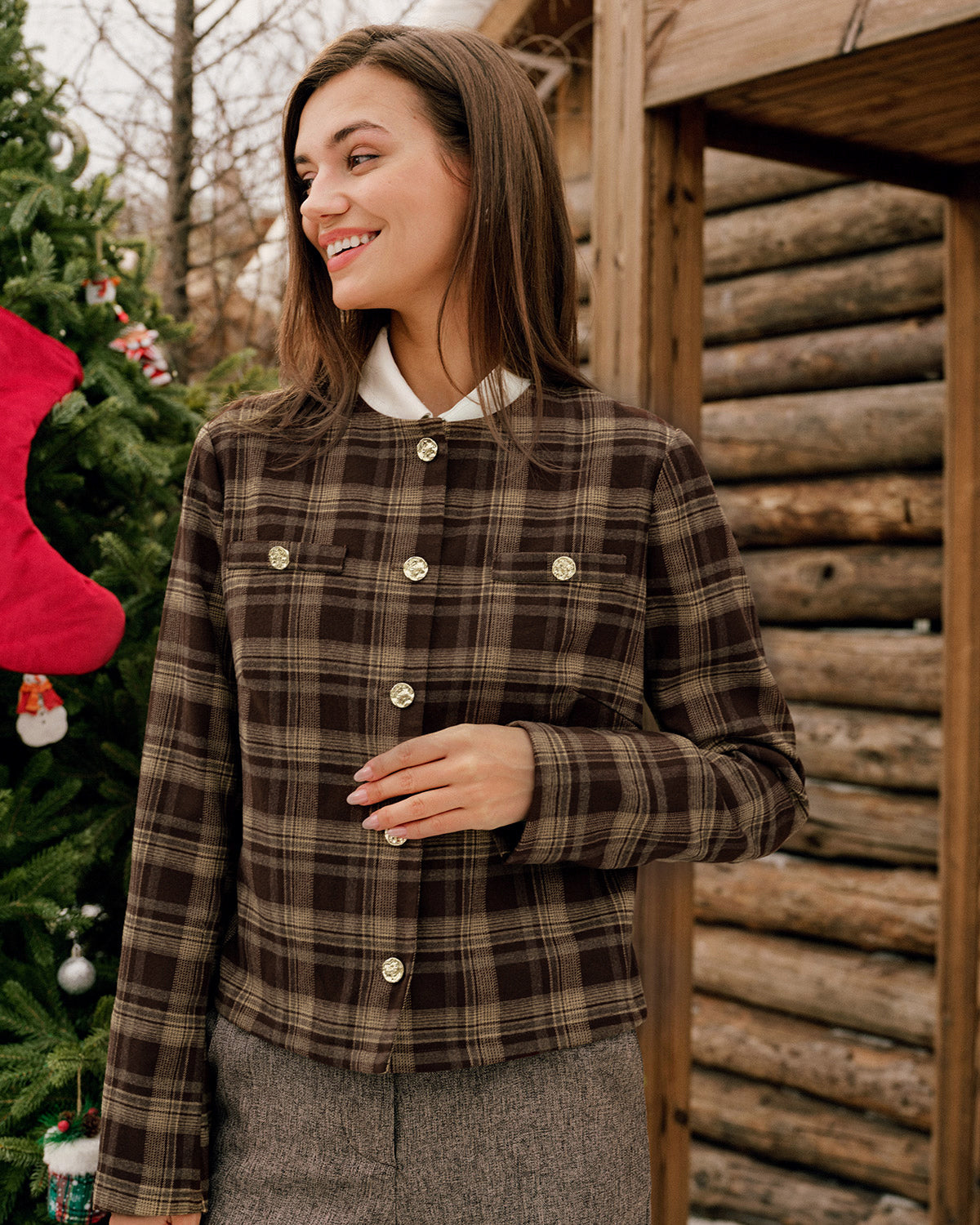 Brielle Women's Jacket | Plaid, Single Breasted, Long Sleeves