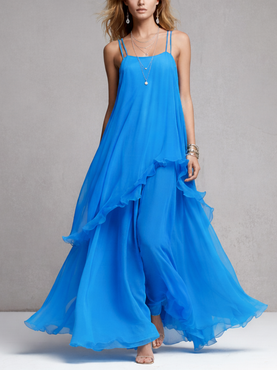 Celeste Women's Maxi Dress | Chiffon Ruffle, Spaghetti Strap 0