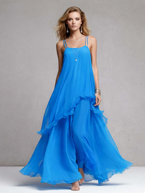 Celeste Women's Maxi Dress | Chiffon Ruffle, Spaghetti Strap 1