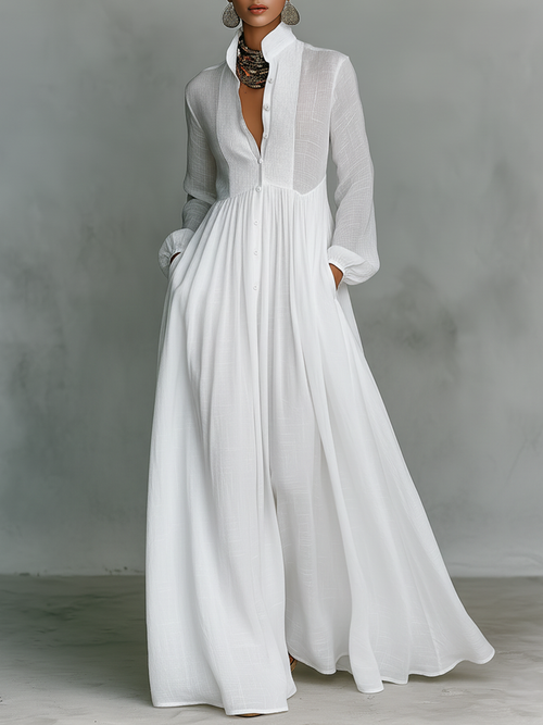 Celine Women's Maxi Dress | Cotton Linen Patchwork, Long Sleeve 0