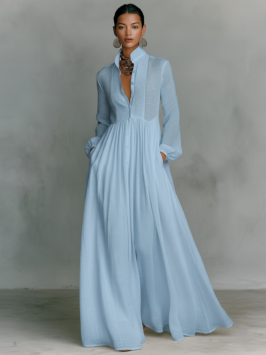 Celine Women's Maxi Dress | Cotton Linen Patchwork, Long Sleeve 4