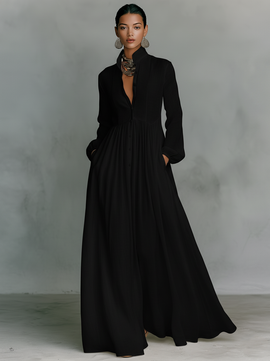 Celine Women's Maxi Dress | Cotton Linen Patchwork, Long Sleeve 5