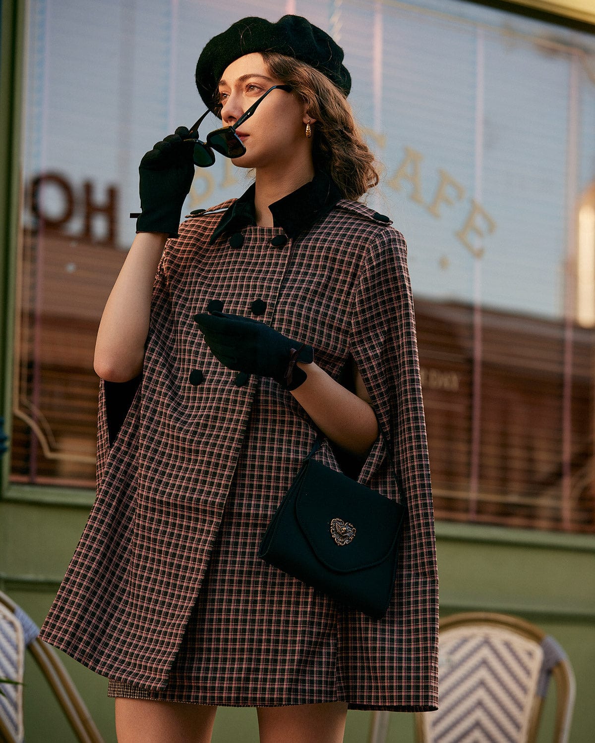Dara Women's Coat | Double-Breasted Plaid Cape, Cotton Blend