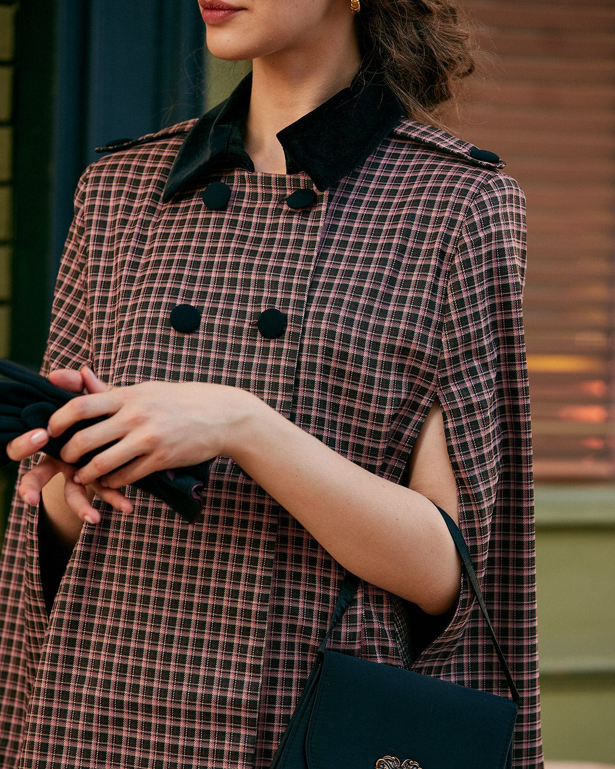 Dara Women's Coat | Double-Breasted Plaid Cape, Cotton Blend