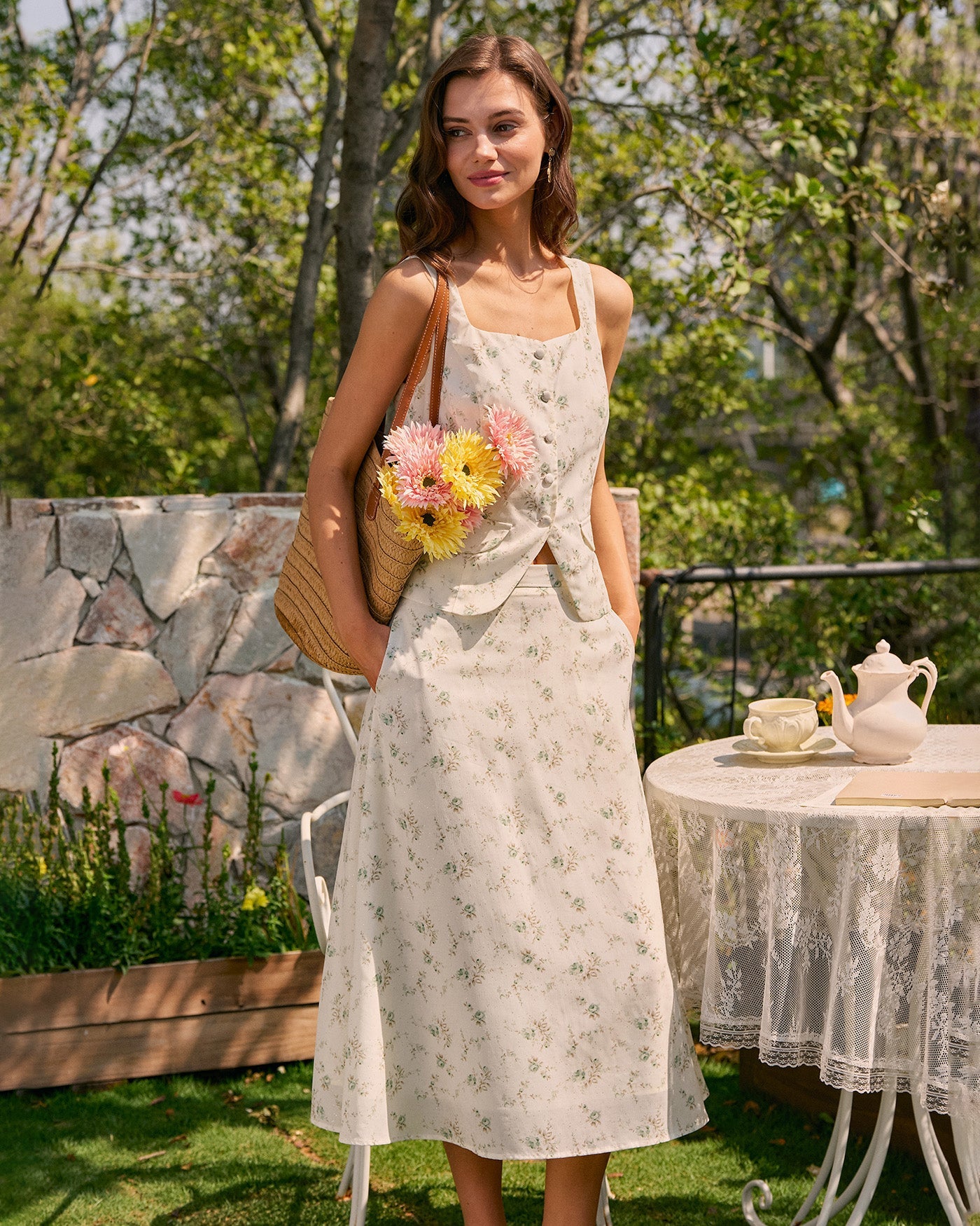 Giselle Women's Midi Skirt | Floral Print, A-Line with Pockets