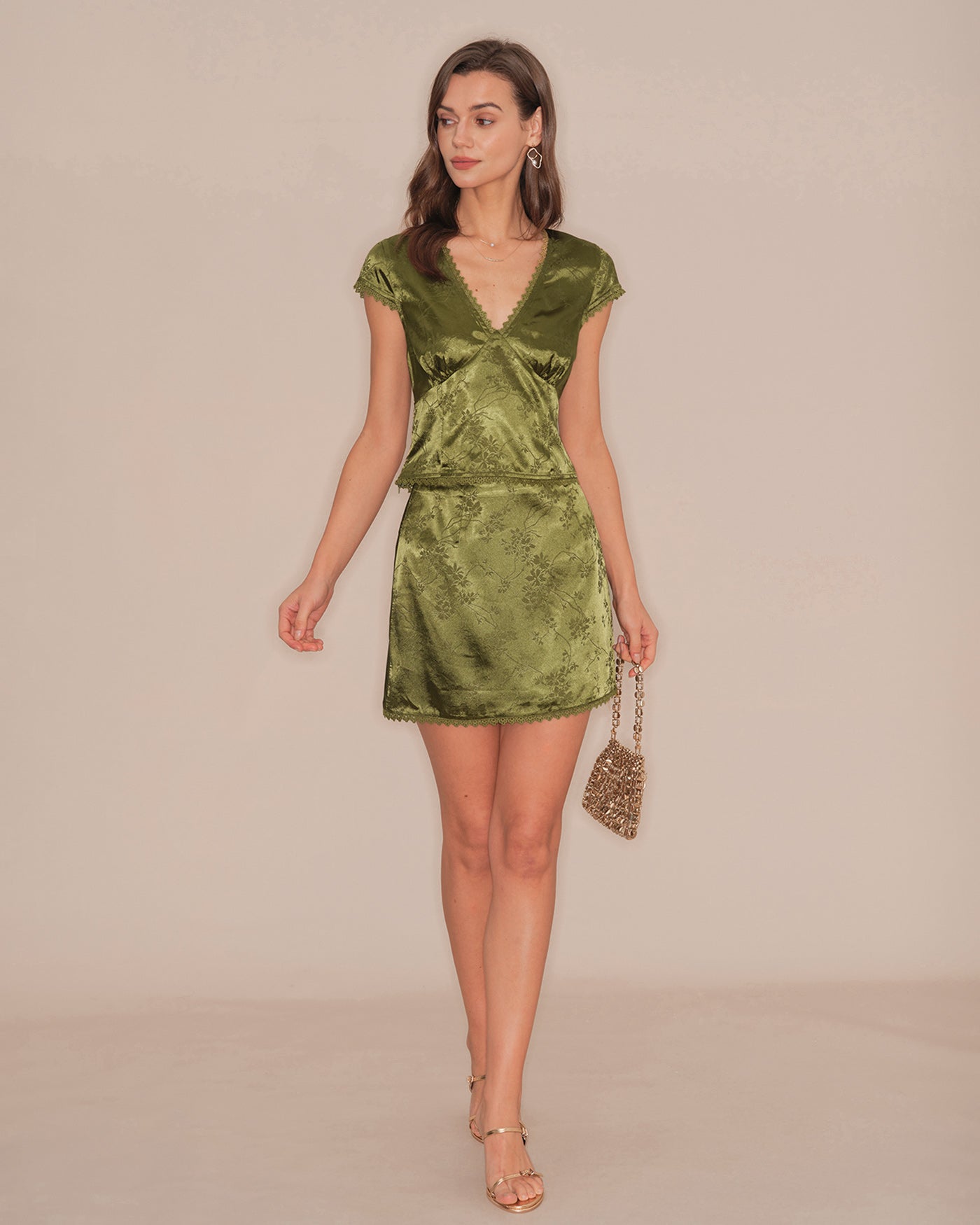 Giselle Women's Mini Skirt | Satin Floral A-Line, Lace Embellishments
