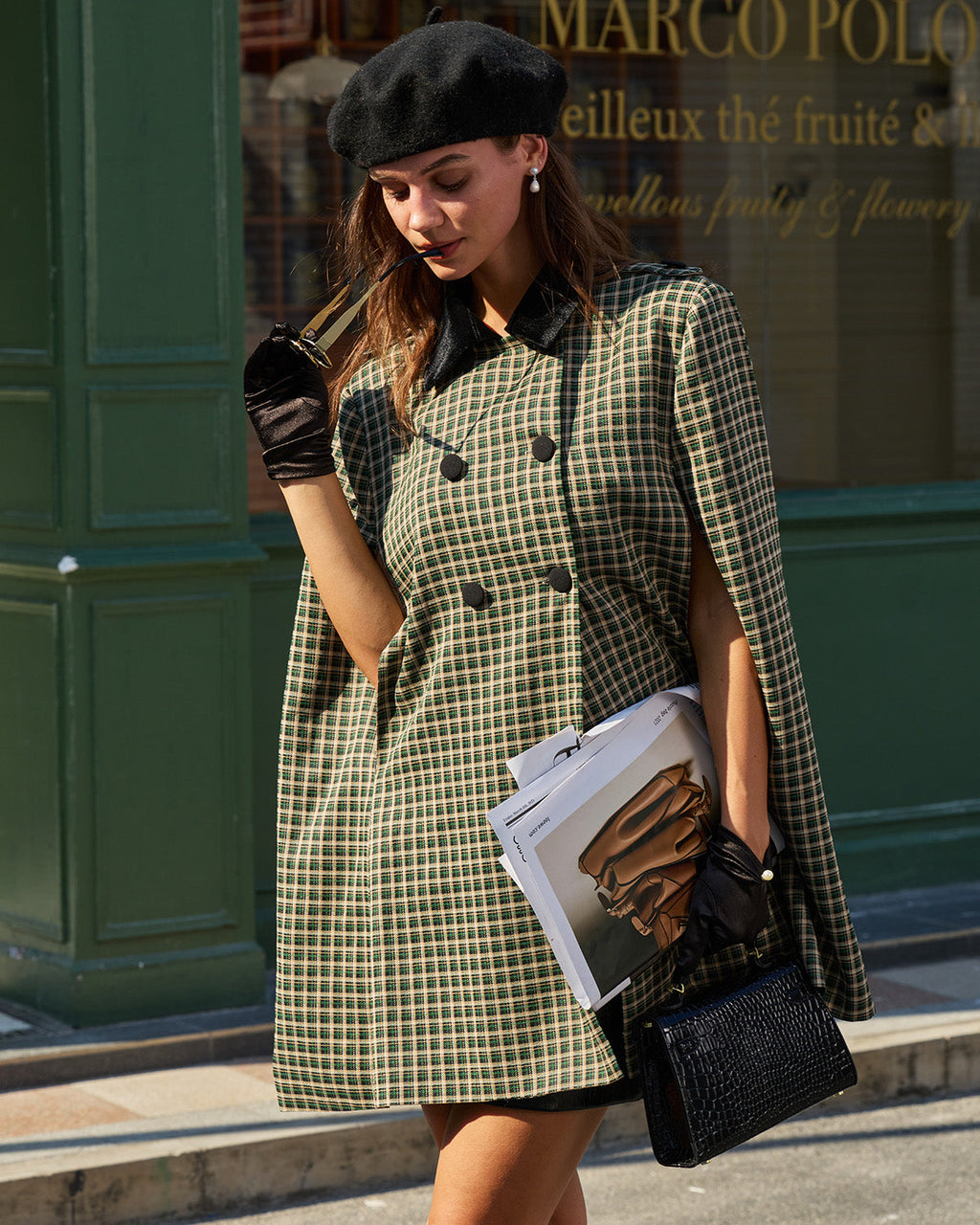 Giselle Women's Winter Coat | Green Plaid, Loose Fit Cape Design