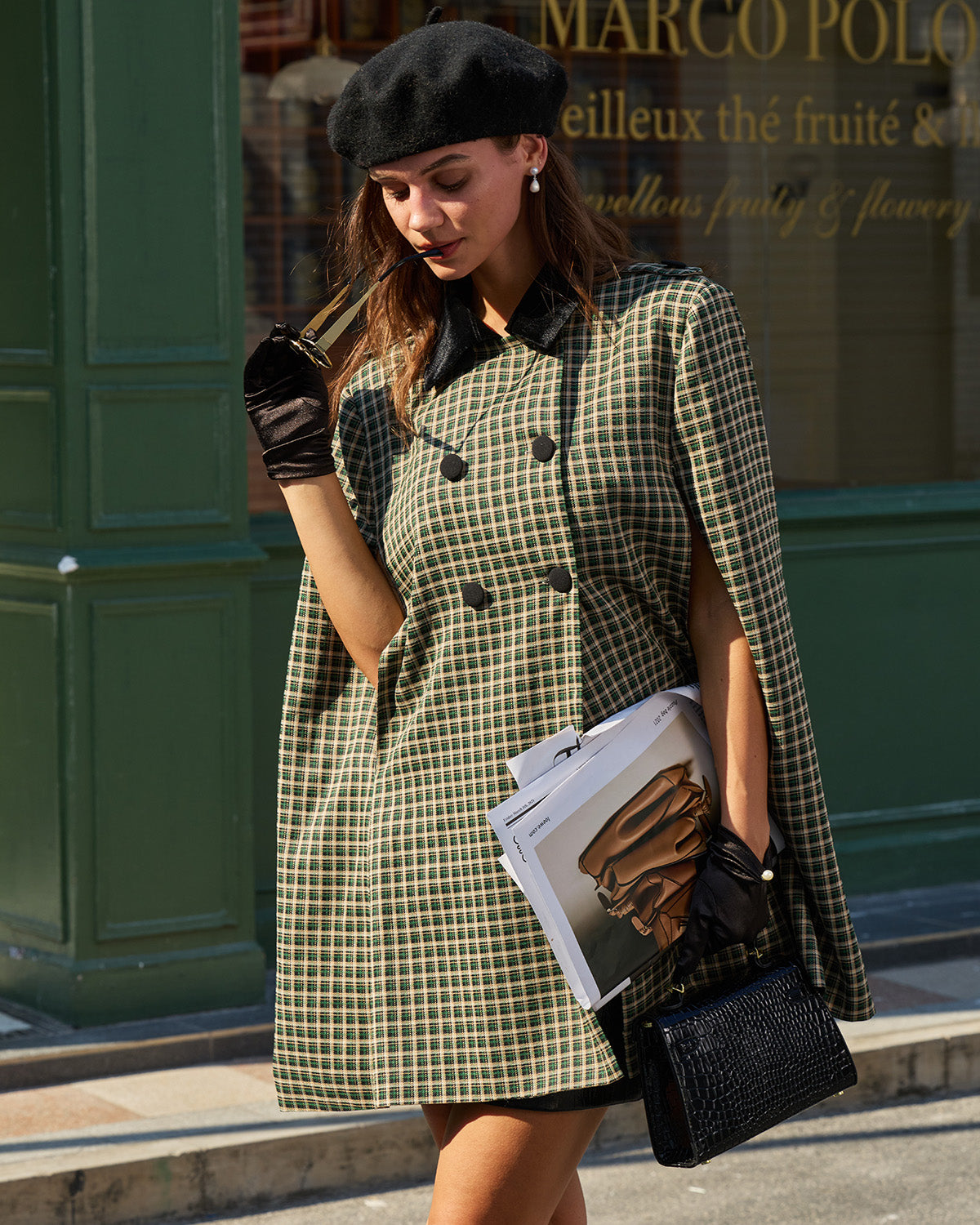 Giselle Women's Winter Coat | Green Plaid, Loose Fit Cape Design