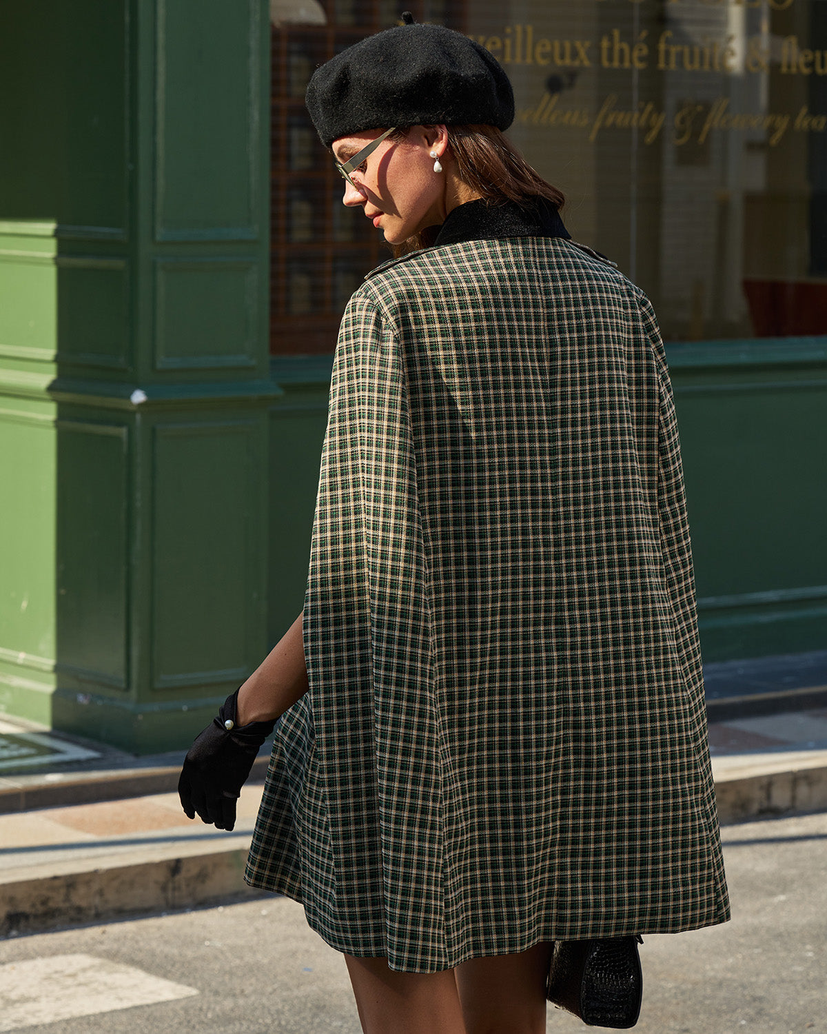 Giselle Women's Winter Coat | Green Plaid, Loose Fit Cape Design