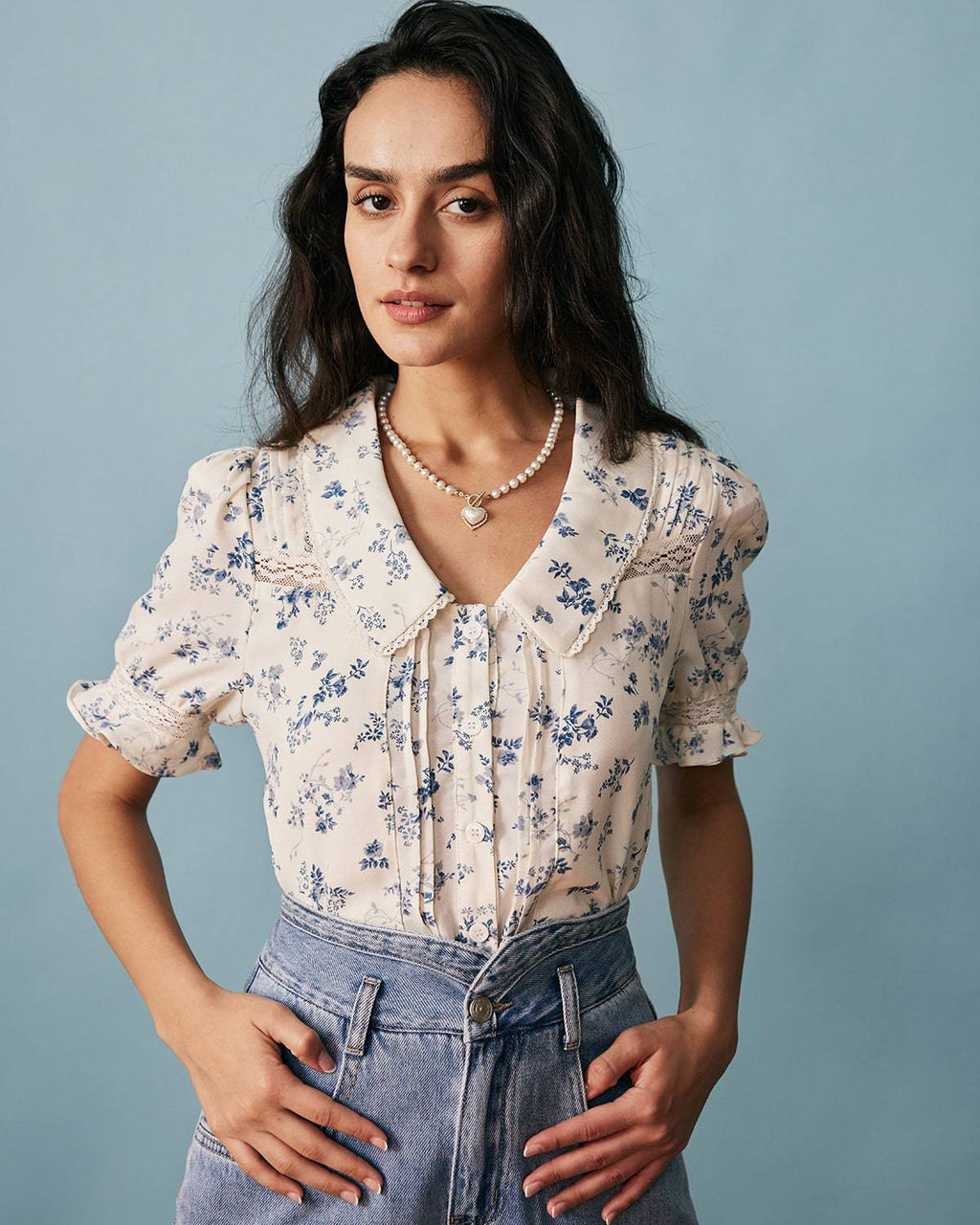 Lara Women's Shirt | Floral Print, Lace Spliced V-Neck