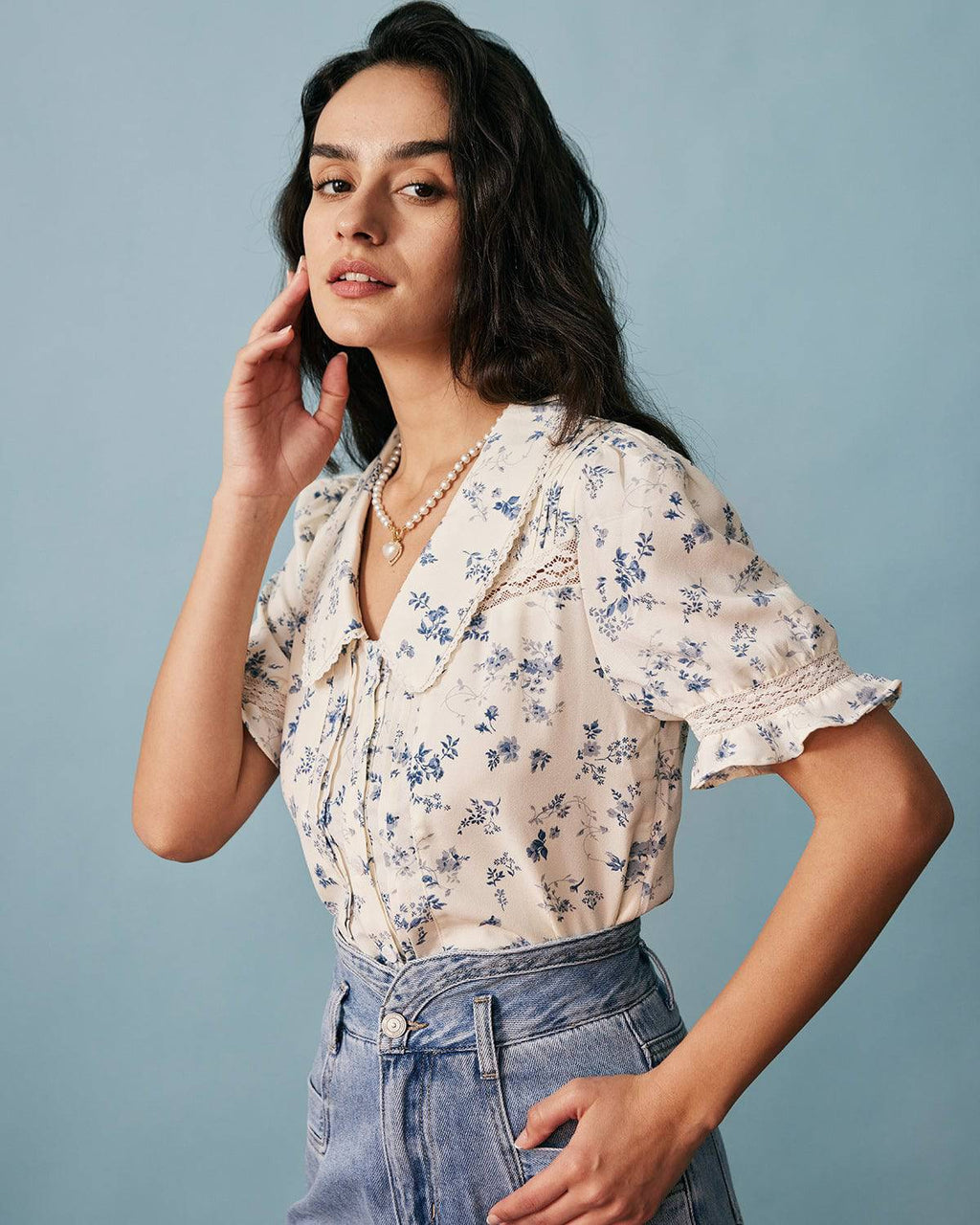 Lara Women's Shirt | Floral Print, Lace Spliced V-Neck