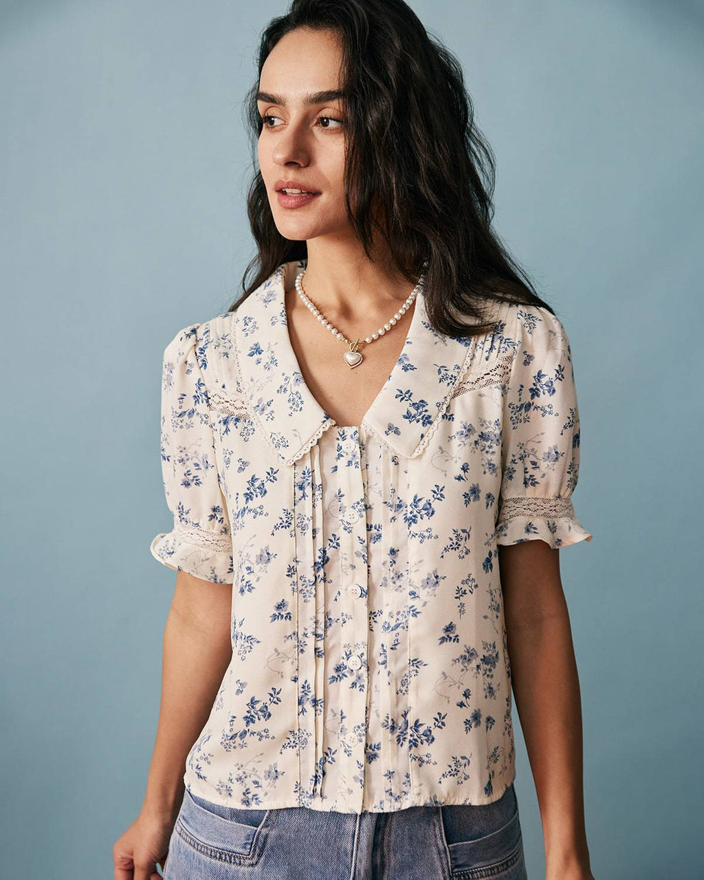 Lara Women's Shirt | Floral Print, Lace Spliced V-Neck
