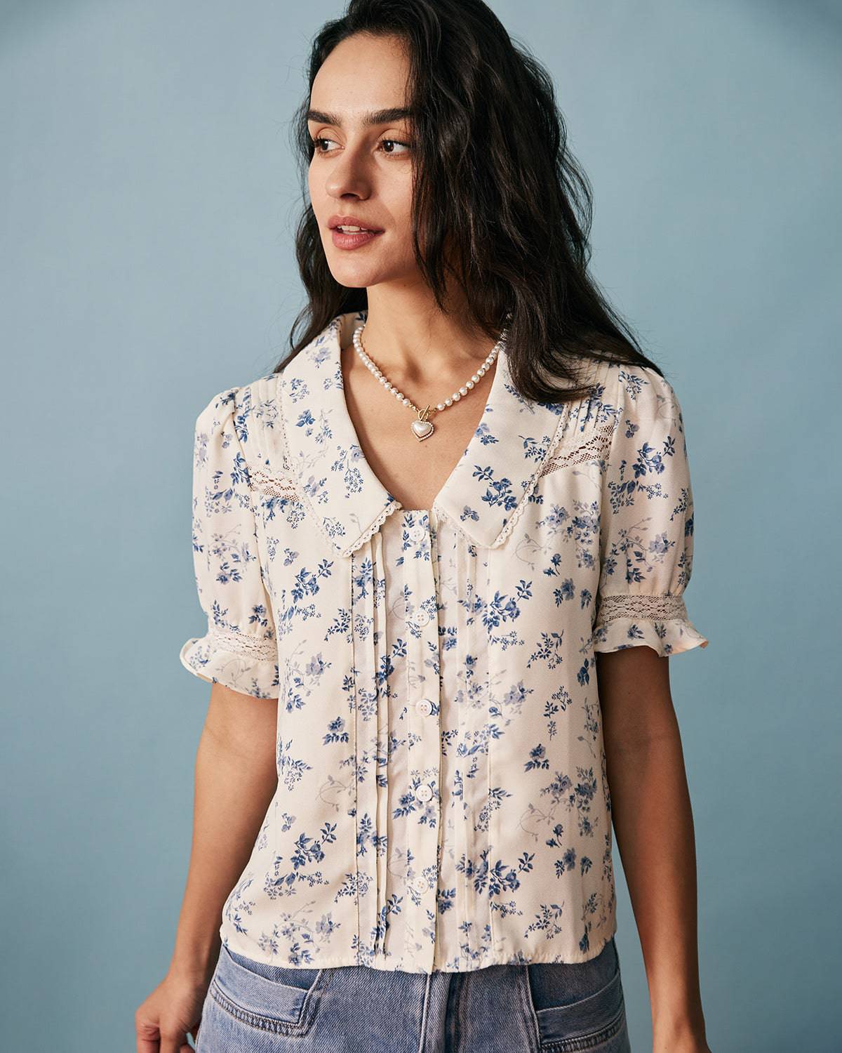 Lara Women's Shirt | Floral Print, Lace Spliced V-Neck