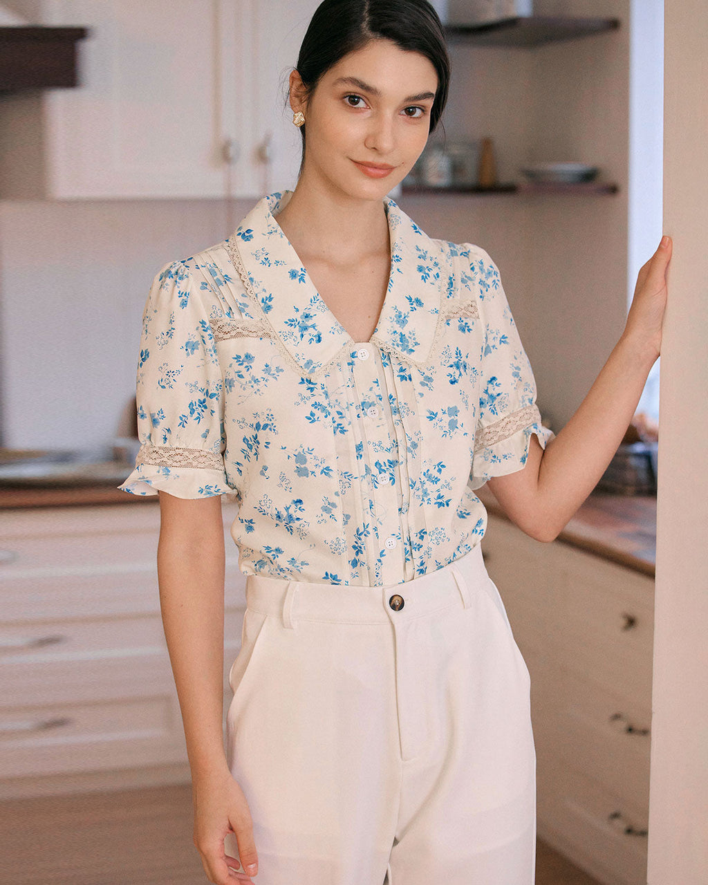 Lara Women's Shirt | Floral Print, Lace Spliced V-Neck