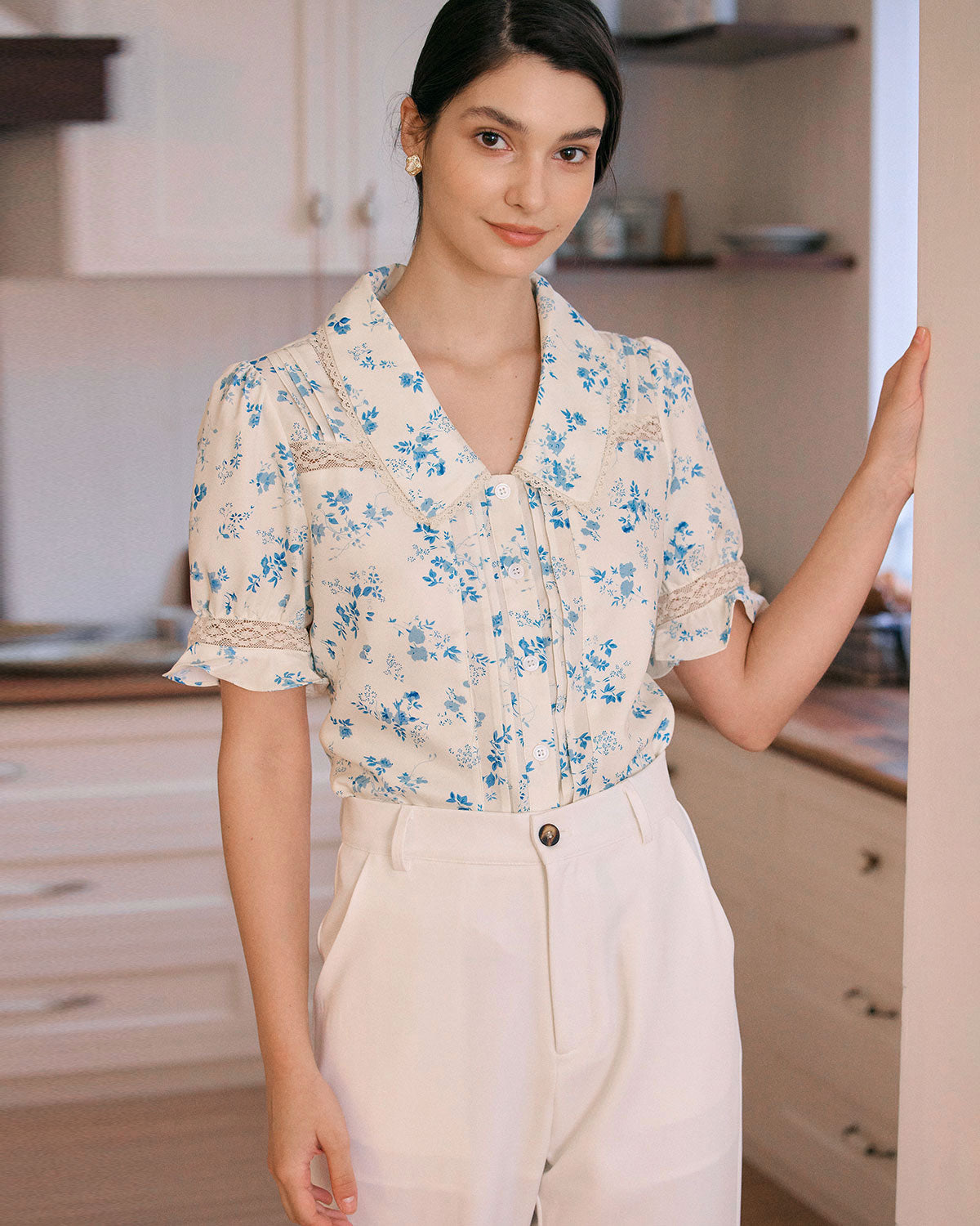 Lara Women's Shirt | Floral Print, Lace Spliced V-Neck