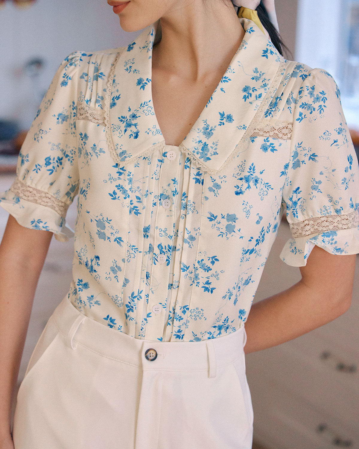 Lara Women's Shirt | Floral Print, Lace Spliced V-Neck