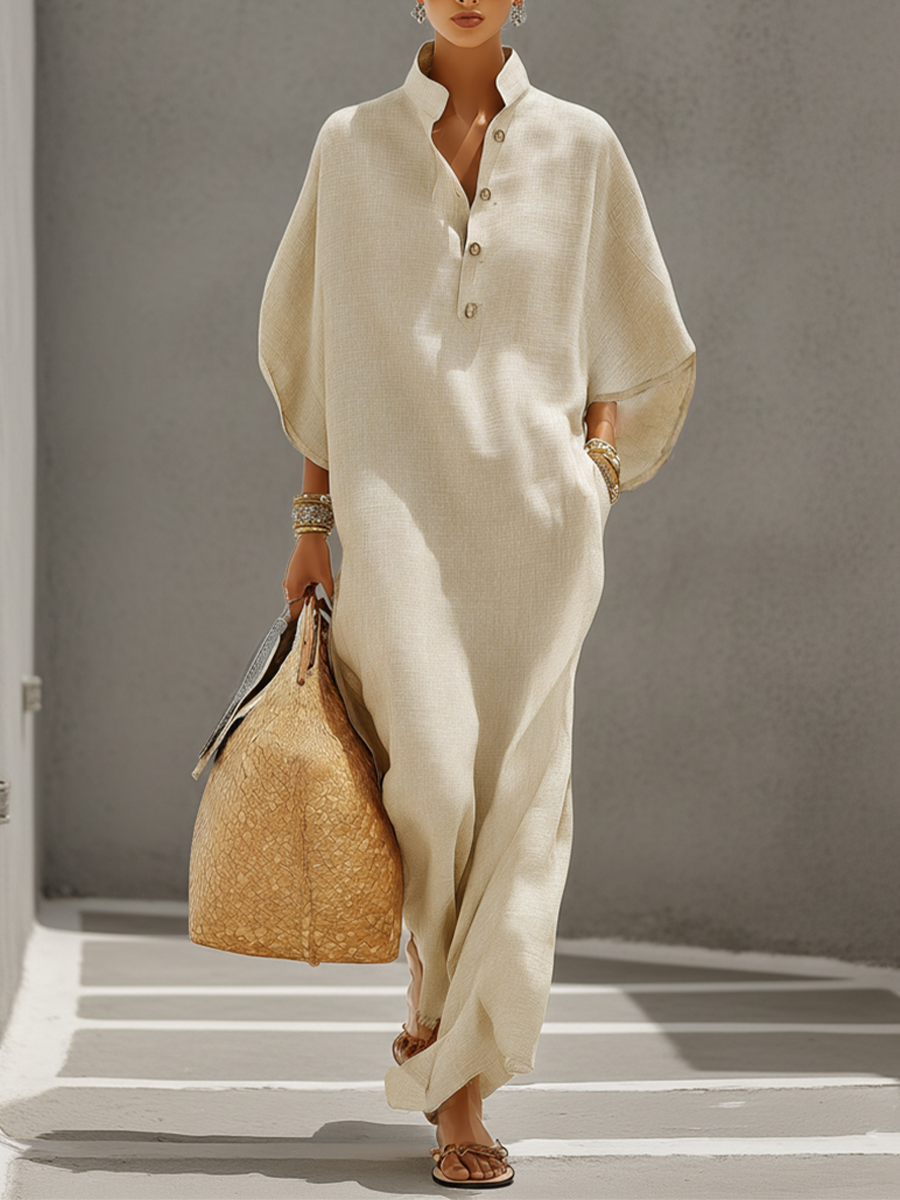 Mira Women's Maxi Dress | Organic Linen Blend, Mandarin Collar 0