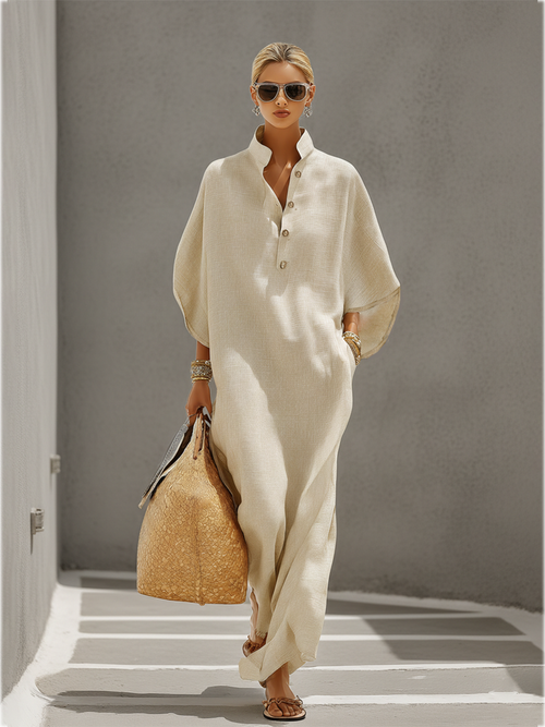 Mira Women's Maxi Dress | Organic Linen Blend, Mandarin Collar 1