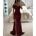 Ophelia Women's Red Sequin Maxi Gown | Off-Shoulder, High Slit 0