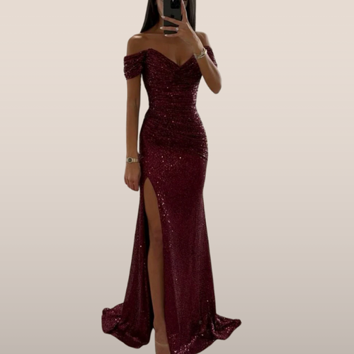 Ophelia Women's Red Sequin Maxi Gown | Off-Shoulder, High Slit 1