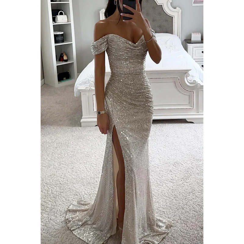 Ophelia Women's Red Sequin Maxi Gown | Off-Shoulder, High Slit 3